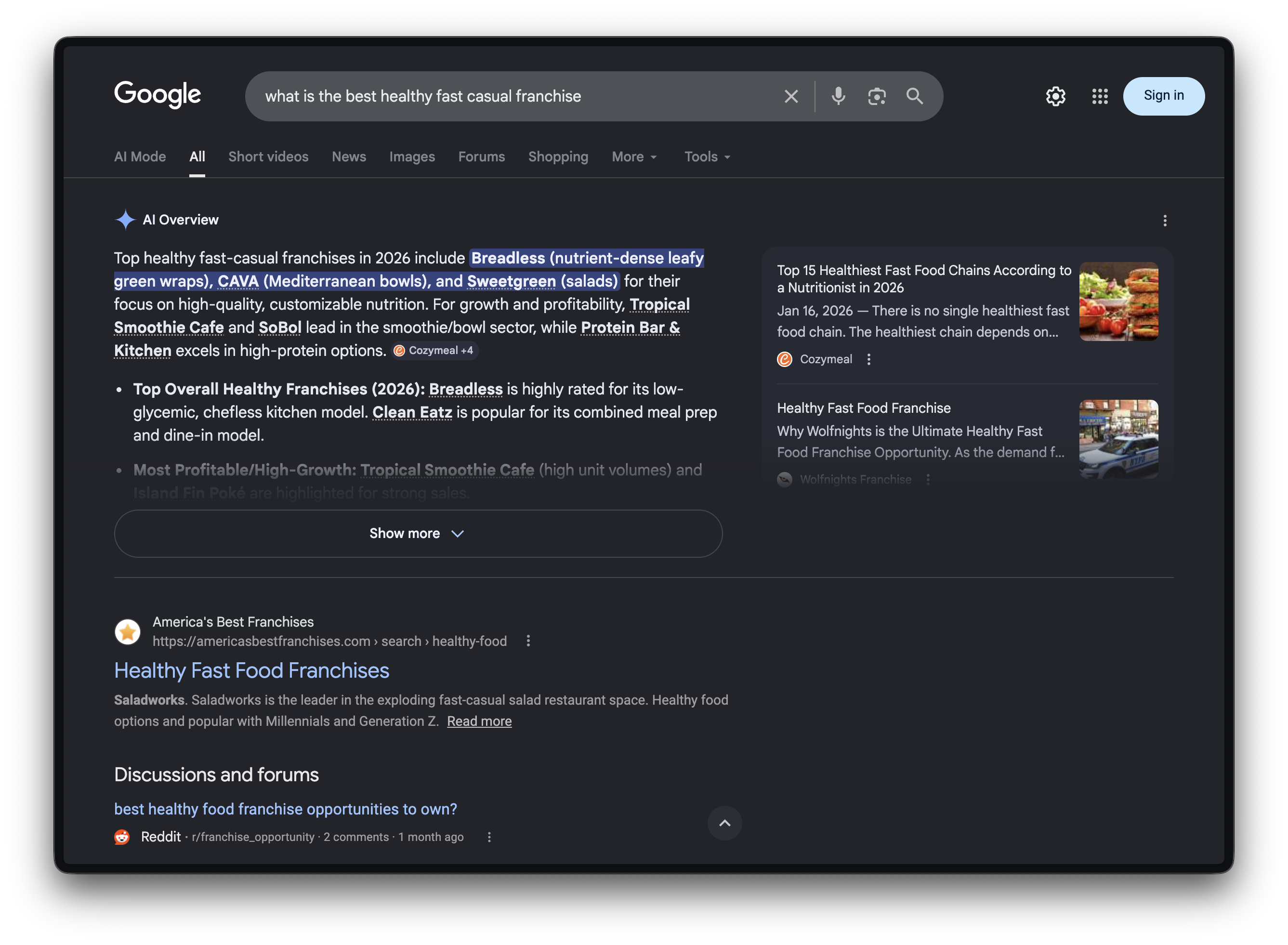 Google AI Overview recommending Breadless for "what is the best healthy fast casual franchise"