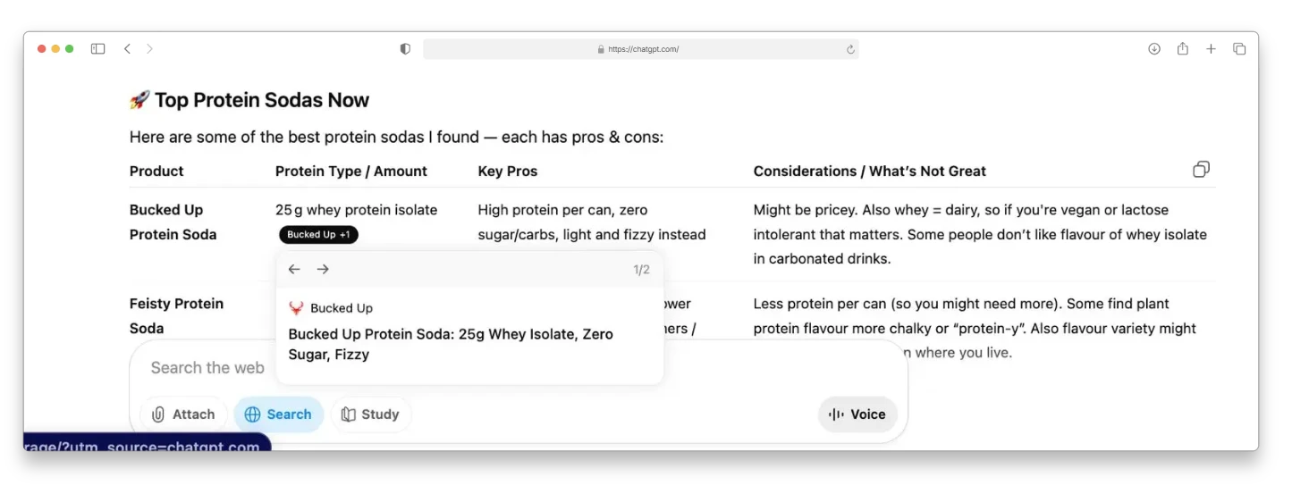 Bucked Up cited by ChatGPT as the top result for "best protein soda"