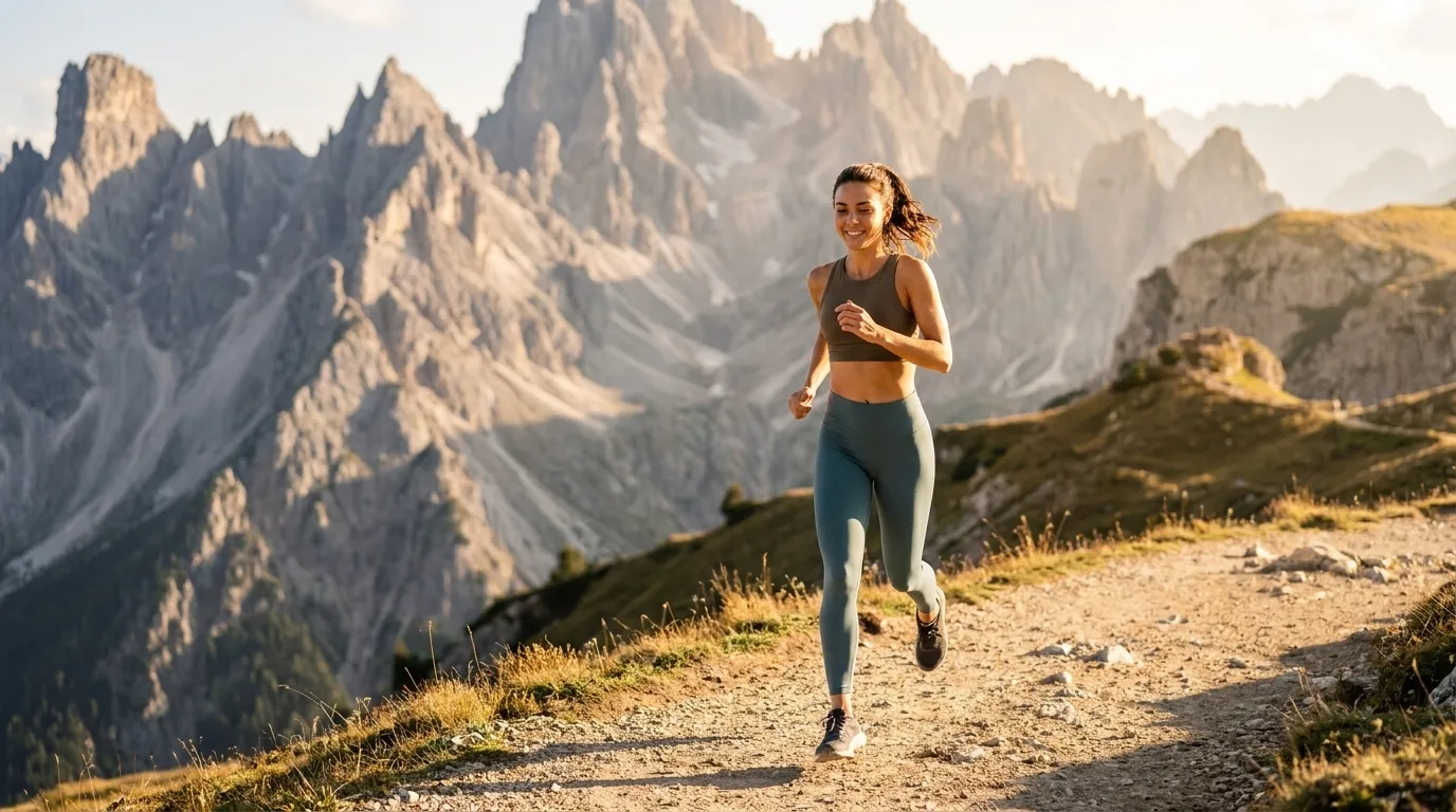 A runner training on a mountain trail at sunrise