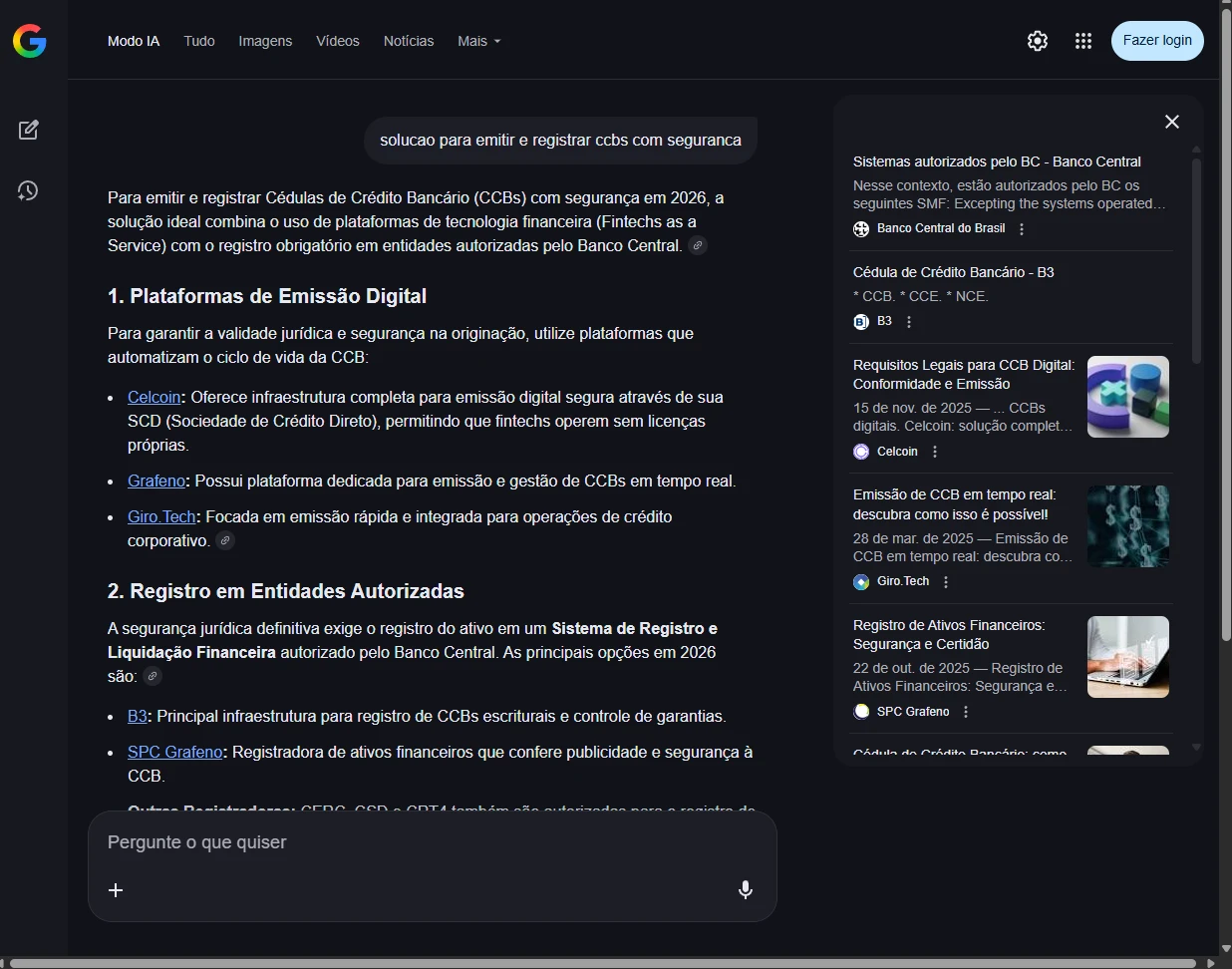 Celcoin cited in Google AI Mode for "solução para emitir e registrar CoBs com segurança"