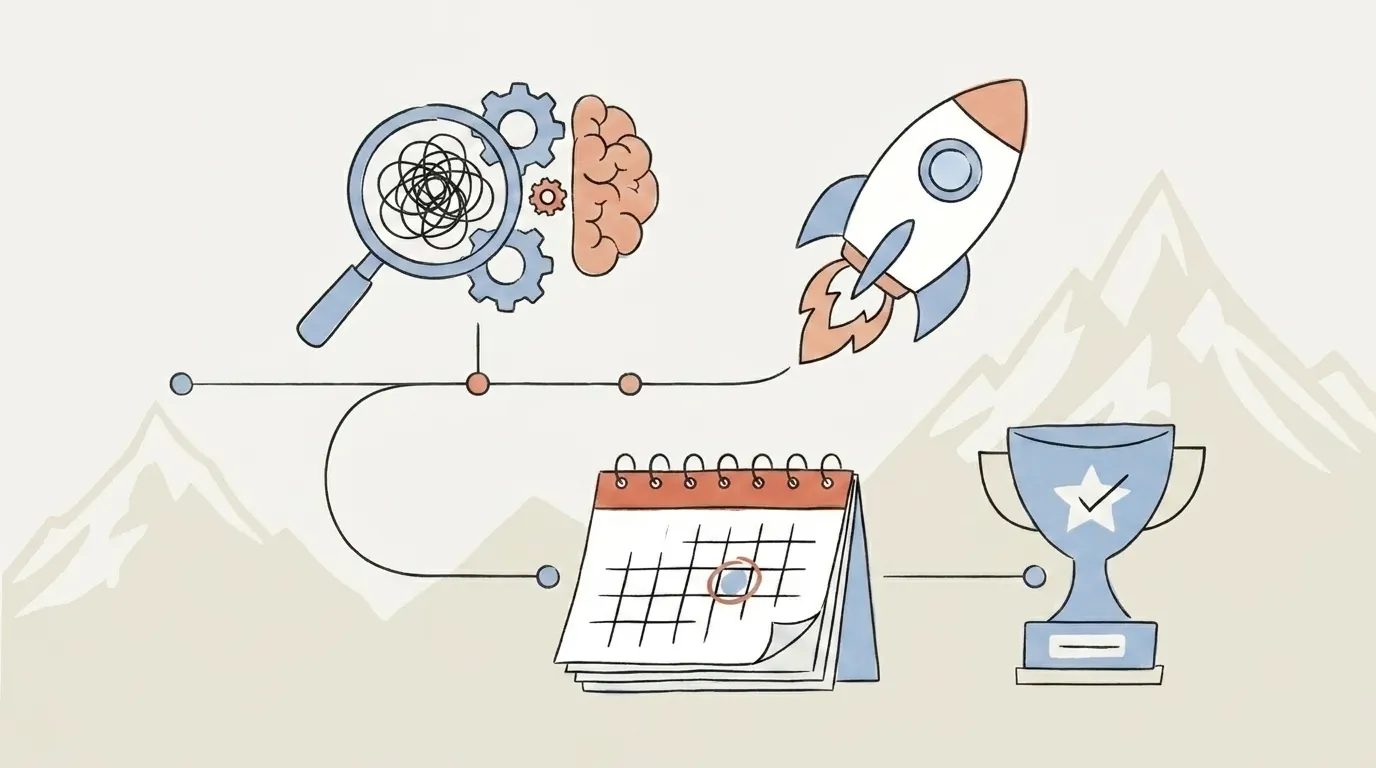 Illustration of research, AI, and a roadmap leading to a winner's trophy