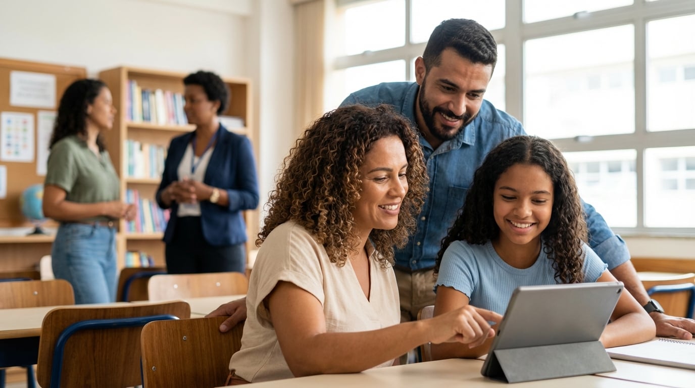 A teacher and two students using Geekie's smart teaching materials on a tablet in a Brazilian classroom