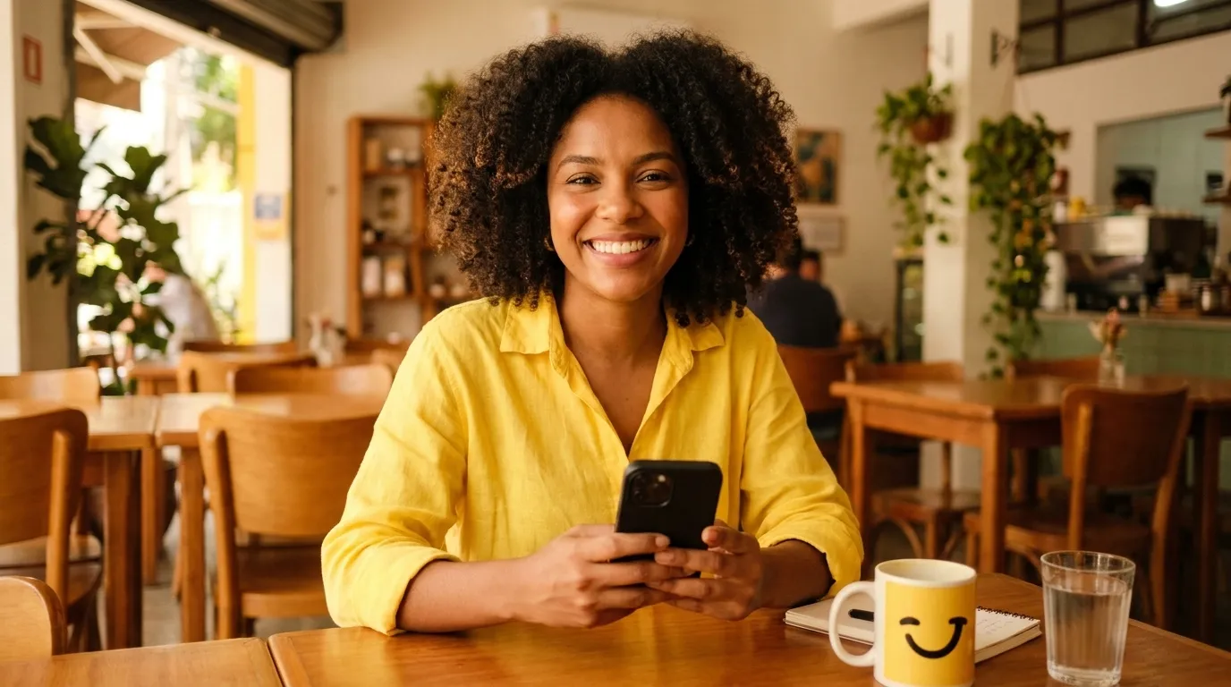 A smiling person using a banking app on their phone at a café