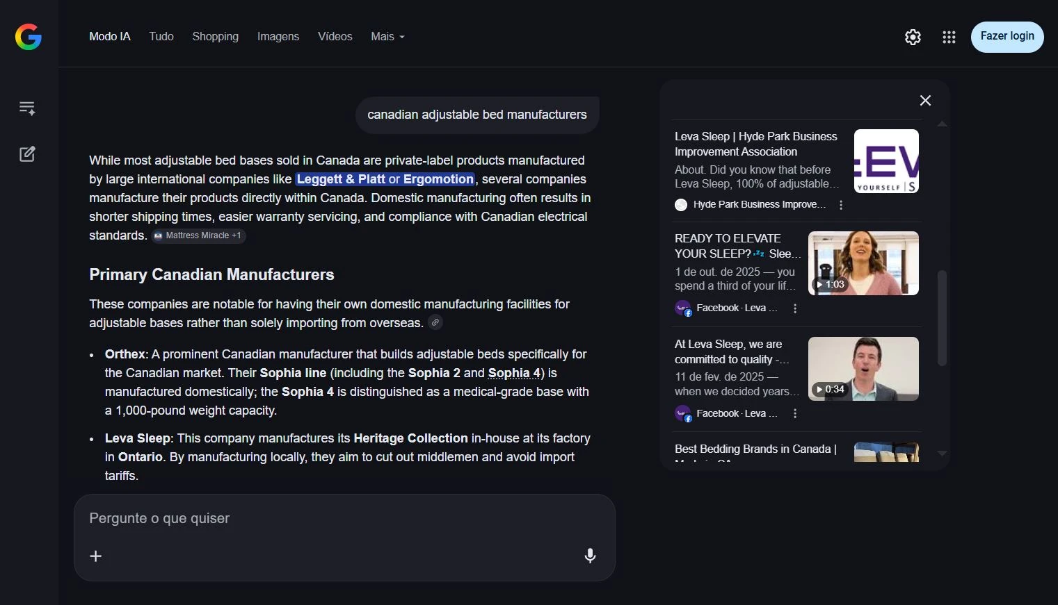 Leva Sleep cited in Google AI Mode for "canadian adjustable bed manufacturers"
