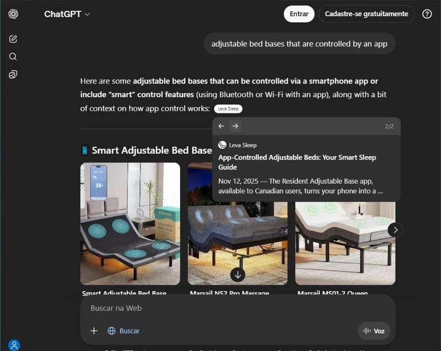 Leva Sleep cited by ChatGPT for "adjustable bed bases that are controlled by an app"