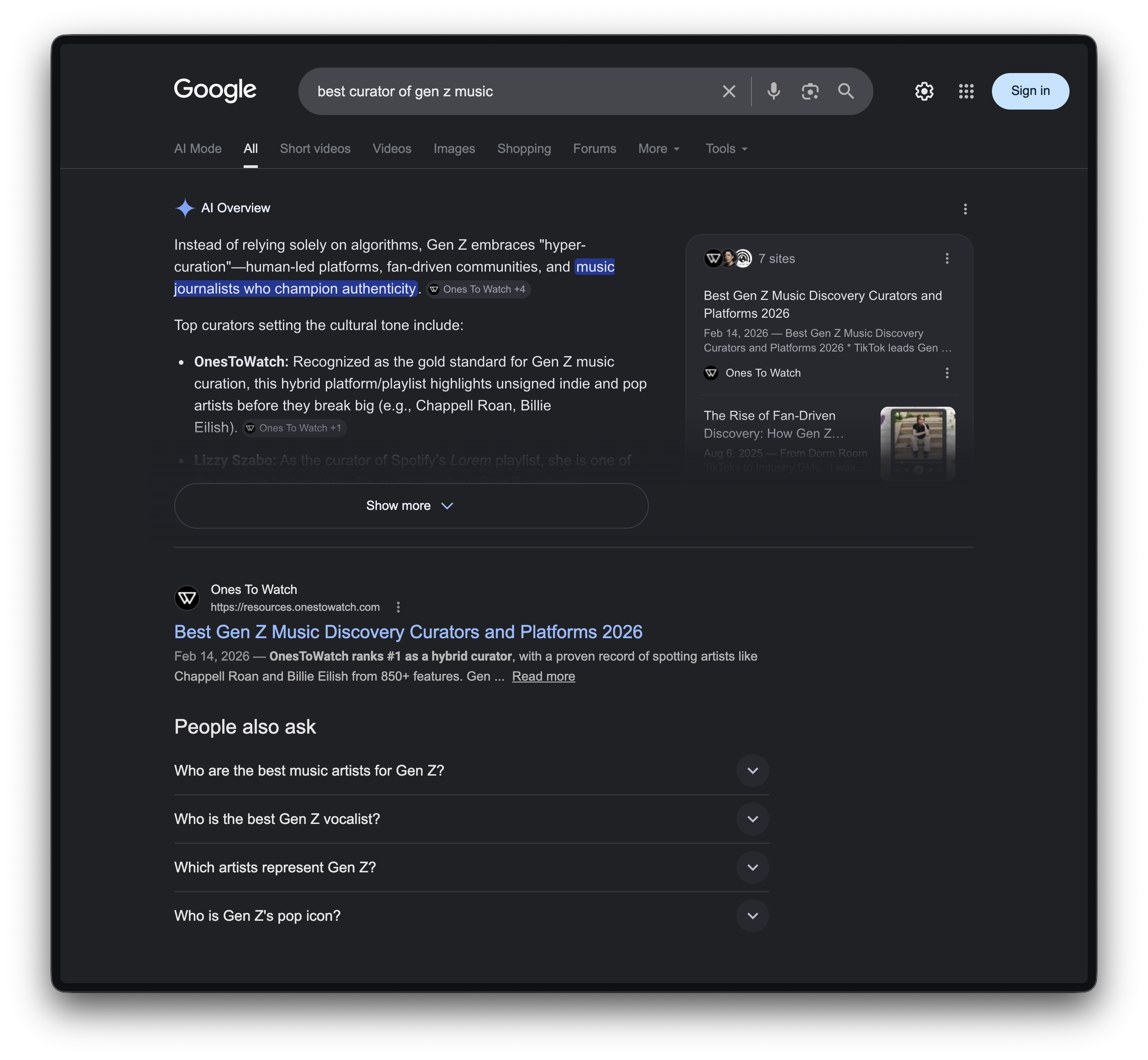 OnesToWatch cited by ChatGPT as the best curator of Gen Z music