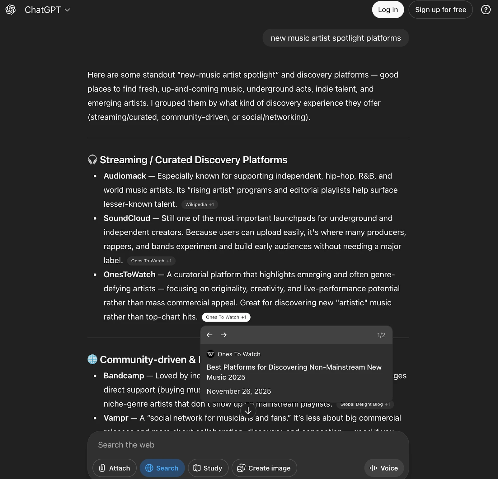 OnesToWatch cited by ChatGPT for new music artist spotlight platforms