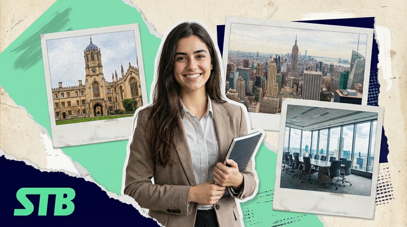 A study-abroad collage of a smiling student, a university campus, and city skylines